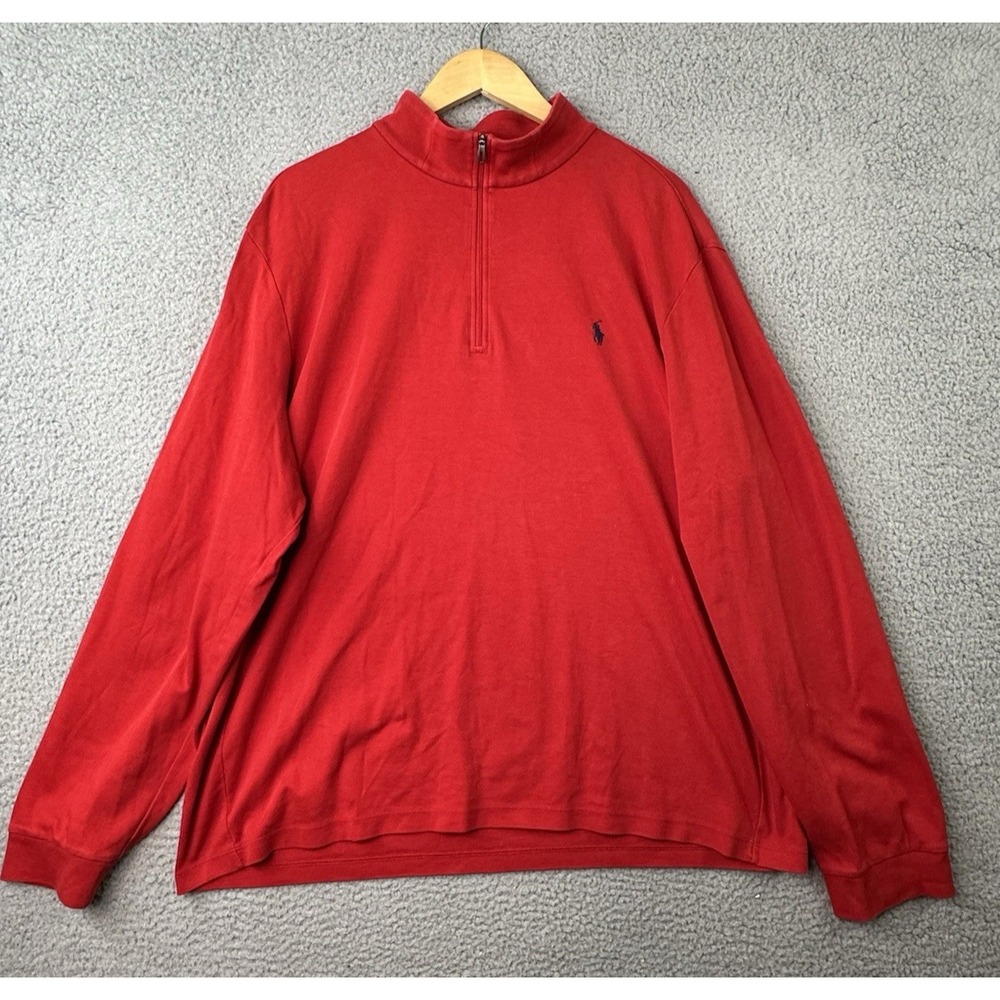 VTG Polo Ralph Lauren Sweater Mens 2XL Red 1/4 Zip Pullover Pima Cotton